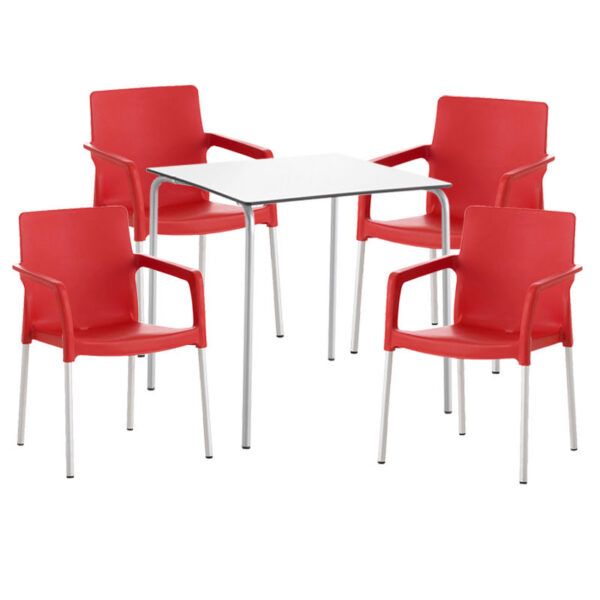 Conjunto Fenólico, mesa fenolica blanco con 4 sillas Line rojas